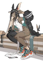 Rule 34 | 1girl, animal ears, armpit peek, bangle, black hair, black hat, black jacket, black nails, black thighhighs, bracelet, breasts, clothes writing, colored inner hair, commentary, dark-skinned female, dark skin, dress, earrings, egyptian, eyelashes, full body, grey footwear, grin, groin, hat, jackal ears, jacket, jewelry, lips, long hair, looking at viewer, medium breasts, mogumo, multicolored hair, nail polish, no panties, open clothes, open jacket, original, pelvic curtain, pink hair, simple background, single thighhigh, sitting, sleeveless, sleeveless dress, smile, solo, straight hair, symbol-only commentary, teeth, thighhighs, thighs, two-tone hair, usekh collar, v, white background, white dress, yellow eyes