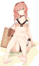 Rule 34 | 1girl, arm support, bare arms, bare shoulders, bikini, black bikini, breasts, choker, cleavage, collarbone, commentary request, eyewear on head, front-tie bikini top, front-tie top, girls&#039; frontline, green eyes, halterneck, highres, long hair, looking at viewer, medium breasts, mismatched bikini, navel, official alternate costume, pink hair, r93 (girls&#039; frontline), r93 (holiday lucky star) (girls&#039; frontline), ru zhai, side-tie bikini bottom, side ponytail, sitting, solo, sunglasses, swimsuit, thigh strap, thighs, white bikini