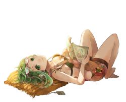 Rule 34 | 1girl, barefoot, black bra, black panties, bra, breasts, cushion, digital media player, eyewear on head, floral print, fringe trim, from side, full body, glasses, green eyes, green hair, gumi, hatsune miku, headphones, knees apart feet together, knees up, lizzrawr, looking at viewer, looking up, lying, magazine (object), media player interface, medium breasts, medium hair, on back, overall shorts, overalls, panties, pillow, pink-framed eyewear, smile, solo, strap gap, transparent background, underwear, vocaloid