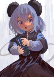Rule 34 | 1girl, absurdres, animal ears, black dress, commentary, commentary request, dress, english commentary, grey hair, highres, lenserd, long sleeves, looking at viewer, monster energy, mouse ears, mouse girl, mouse tail, nazrin, open mouth, red eyes, short hair, solo, tail, touhou