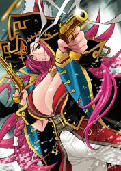 Rule 34 | 10s, 1girl, antique firearm, blue eyes, breasts, cleavage, fate/extra, fate/grand order, fate (series), firearm, firelock, flintlock, francis drake (fate), francis drake (third ascension) (fate), grin, gun, hat, large breasts, long hair, looking at viewer, pink hair, pirate hat, scar, smile, solo, weapon, yukiyanagi