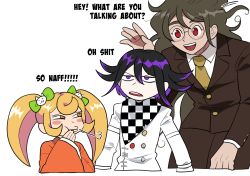 Rule 34 | 1girl, 2boys, :d, anger vein, arm up, black hair, blazer, blonde hair, bow, cat hair ornament, checkered clothes, checkered scarf, commentary request, cropped legs, cropped torso, crossed arms, danganronpa (series), danganronpa 2: goodbye despair, danganronpa v3: killing harmony, furukawa (yomawari), glasses, gokuhara gonta, green hair, hair bow, hair ornament, highres, jacket, japanese clothes, kimono, long hair, long sleeves, multicolored hair, multiple boys, necktie, obi, open mouth, oma kokichi, purple eyes, purple hair, red eyes, round eyewear, saionji hiyoko, sash, scarf, school uniform, short hair, simple background, smile, straitjacket, teeth, twintails, two-tone hair, upper body, upper teeth only, white background