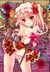 Rule 34 | 1girl, :d, asymmetrical hair, bare shoulders, bdsm, blonde hair, blush, bondage, bound, bound wrists, breasts, cameltoe, female focus, flandre scarlet, hat, hat ribbon, kino (kino konomi), kino konomi, microphone, navel, nipples, no bra, off shoulder, open mouth, panties, plaid, red eyes, ribbon, side ponytail, smile, solo, striped clothes, striped panties, thighhighs, touhou, underwear, white thighhighs, wings