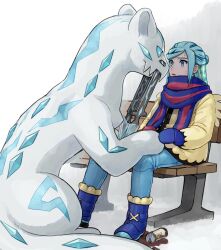 Rule 34 | 1boy, bench, blue footwear, blue mittens, blue scarf, boots, chien-pao, commentary request, creatures (company), eye contact, eyelashes, game freak, green eyes, green hair, grusha (pokemon), jacket, long hair, long sleeves, looking at another, male focus, mittens, nintendo, pants, pokemon, pokemon (creature), pokemon sv, scarf, sitting, snow, striped clothes, striped scarf, sweat, white background, yellow jacket, yuu (hguy sv)