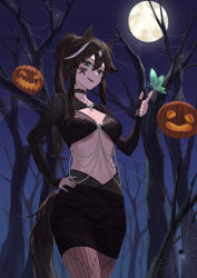 Rule 34 | 1girl, absurdres, alternate costume, animal ears, arknights, black choker, bug, butterfly, choker, forest, full moon, halloween, halloween costume, highres, horse ears, horse girl, horse tail, insect, jack-o&#039;-lantern, meteor (arknights), midriff, moon, nature, pumpkin, silk, spider web, spider web print, tail, uh9
