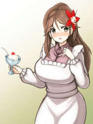 Rule 34 | 10s, 1girl, :o, amagi (kancolle), apron, blush, breasts, brown eyes, brown hair, collared shirt, colored eyelashes, cosplay, cowboy shot, flower, flower on head, food, frills, gradient background, green background, hair flower, hair ornament, hairclip, hand on own chest, high ponytail, hiraga daidai, holding, horie yui, ice cream, kantai collection, kappougi, large breasts, long hair, long sleeves, look-alike, looking at viewer, mamiya (kancolle), mamiya (kancolle) (cosplay), nose blush, open mouth, ponytail, raised eyebrows, shirt, sidelocks, solo, spoon, star (symbol), swept bangs, voice actor connection, worried