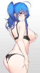 Rule 34 | 1girl, ahoge, ass, azur lane, back, bare arms, bare shoulders, black bra, black panties, blue hair, blush, bra, breasts, closed mouth, from side, grey background, highres, large breasts, light smile, long hair, looking to the side, panties, red eyes, sketch, solo, st. louis (azur lane), twintails, underwear, yamanokami eaka