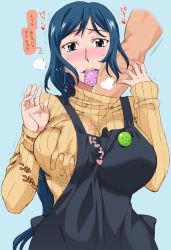 Rule 34 | 10s, 1girl, apron, arms up, bad id, bad pixiv id, blue background, blue eyes, blue hair, blush, grabbing another&#039;s breast, breasts, condom, condom in mouth, condom wrapper, disembodied hand, grabbing, groping, gundam, gundam build fighters, hand under clothes, hanzaki jirou, iori rinko, large breasts, long hair, looking at viewer, mature female, mouth hold, ponytail, scrunchie, solo focus, sweater, translation request, very long hair