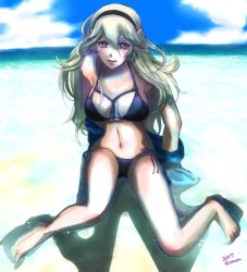Rule 34 | 1girl, arm support, artist name, barefoot, beach, bikini, breasts, cleavage, cloud, corrin (female) (fire emblem), corrin (fire emblem), day, fire emblem, fire emblem fates, kana (kanakothird), large breasts, long hair, looking at viewer, navel, nintendo, ocean, outdoors, partially submerged, pointy ears, shadow, side-tie bikini bottom, sitting, sky, solo, spread legs, swimsuit, water, white hair