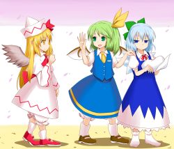 Rule 34 | 3girls, blonde hair, blue eyes, blue hair, bow, capelet, cirno, daiyousei, dress, dress shirt, fairy wings, fenikkusu takahashi, full body, green eyes, green hair, hair bow, hair ribbon, hat, highres, ice, ice wings, letty whiterock, lily white, long hair, long sleeves, mary janes, multiple girls, open mouth, ribbon, shirt, shoes, short hair, short sleeves, side ponytail, skirt, smile, touhou, vest, wings, yellow eyes