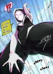 Rule 34 | !?, 1girl, bodysuit, breasts, gluteal fold, gwen stacy, highres, hood, hooded bodysuit, looking at viewer, marvel, medium breasts, pungter, silk, skin tight, spider-gwen, spider-man: across the spider-verse, spider-man (series), spider-verse, spider web, spider web print, superhero costume, two-tone bodysuit