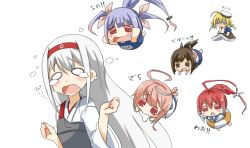 Rule 34 | 10s, 6+girls, :d, ahoge, b-man, blonde hair, blue eyes, book, brown eyes, brown hair, chibi, drooling, fang, glasses, hair ornament, hair ribbon, hairband, i-168 (kancolle), i-19 (kancolle), i-401 (kancolle), i-58 (kancolle), i-8 (kancolle), innertube, kantai collection, long hair, multiple girls, open mouth, ponytail, puchimasu!, red eyes, red hair, ribbon, school swimsuit, school uniform, serafuku, short hair, shoukaku (kancolle), silver hair, simple background, sitting, sitting on object, smile, swim ring, swimsuit, swimsuit under clothes, translation request, twintails, wavy mouth, white background
