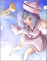 Rule 34 | 1girl, :d, blue eyes, blue hair, female focus, hat, instrument, lowres, matching hair/eyes, merlin prismriver, open mouth, skirt, sky, smile, solo, touhou, trumpet