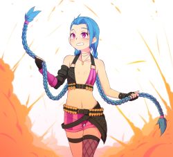 Rule 34 | alternate hair color, bikini, bikini top only, blue hair, blush, braid, bullet, deredereday, gloves, jewelry, jinx (league of legends), league of legends, long hair, makeup, navel, necklace, pink eyes, short shorts, shorts, simple background, solo, swimsuit, twin braids, very long hair