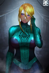 Rule 34 | 1girl, absurdres, alternate color, blonde hair, blue eyes, bodysuit, breasts, crossover, hand in own hair, hand up, highres, large breasts, marvel, metroid, metroid (creature), nintendo, ponytail, samus aran, silk, skin tight, solo, spider-man, spider-man (series), spider web, superhero costume, teeth, tight clothes, xuuikie ashe