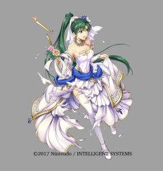 Rule 34 | 1girl, 2017, blush, breasts, bride, dress, fire emblem, fire emblem: the blazing blade, fire emblem heroes, full body, green eyes, green hair, high ponytail, injury, long hair, lyn (bridal) (fire emblem), lyn (fire emblem), nintendo, official alternate costume, official art, ponytail, ryona, solo, torn clothes, very long hair, weapon, wedding dress, yamada koutarou