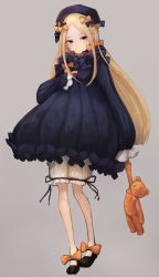Rule 34 | 1girl, abigail williams (fate), black bow, black dress, black footwear, black hat, blonde hair, bloomers, blue eyes, bow, brown background, bug, butterfly, closed mouth, commentary request, dress, fate/grand order, fate (series), forehead, full body, hair bow, hat, head tilt, highres, holding, holding stuffed toy, insect, long hair, long sleeves, looking at viewer, orange bow, parted bangs, pericokitajima, polka dot, polka dot bow, shoes, simple background, sleeves past wrists, solo, standing, stuffed animal, stuffed toy, teddy bear, underwear, very long hair, white bloomers