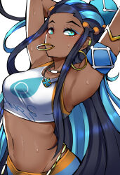 Rule 34 | 1340smile, 1girl, absurdres, armband, armpits, arms up, bare shoulders, breasts, commentary, creatures (company), crop top, dark-skinned female, dark skin, earrings, eyeshadow, forehead, game freak, hair ornament, highres, hoop earrings, jewelry, long hair, looking at viewer, makeup, midriff, multicolored hair, navel, necklace, nessa (pokemon), nintendo, pokemon, pokemon swsh, simple background, small breasts, solo, sports bra, stomach, sweat, two-tone hair, upper body, very long hair, white background