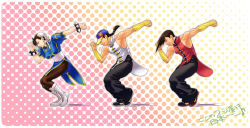 Rule 34 | 1girl, 2boys, baggy pants, baseball cap, boots, bracelet, braid, bridal gauntlets, brothers, brown hair, capcom, chinese clothes, chun-li, clenched hand, dancing, f-15jrs, gradient background, hair ornament, hat, jewelry, multiple boys, pants, pantyhose, polka dot, polka dot background, puffy short sleeves, puffy sleeves, shoes, short sleeves, siblings, single braid, sneakers, spiked hair, street fighter, street fighter iii (series), studded bracelet, sweatdrop, twins, white footwear, yang lee, yun lee