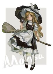 Rule 34 | 1girl, absurdres, apron, artist name, black footwear, black hat, black skirt, black vest, blonde hair, blush, bow, broom, character name, chinese commentary, closed mouth, commentary request, copyright notice, expressionless, full body, hat, hat bow, highres, holding, holding broom, kirisame marisa, kofi-mo, long hair, looking at viewer, mary janes, mini-hakkero, puffy short sleeves, puffy sleeves, shirt, shoes, short sleeves, simple background, skirt, sleeve cuffs, solo, thighhighs, touhou, turtleneck, very long hair, vest, waist apron, white apron, white bow, white shirt, white thighhighs, witch hat, yellow eyes