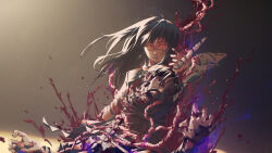Rule 34 | 1boy, 1girl, absurdres, artpaji, black hair, black necktie, blank eyes, blood, blood splatter, chainsaw man, collared shirt, cross scar, decapitation, dress, facial scar, glowing, glowing eyes, guro, highres, holding, holding sword, holding weapon, lens flare, long hair, looking at viewer, necktie, open clothes, parted lips, pinafore dress, ringed eyes, scar, scar on cheek, scar on face, shirt, short hair, sleeveless dress, solo focus, spine, sword, tanaka (chainsaw man), weapon, white shirt, yellow eyes, yoru (chainsaw man)