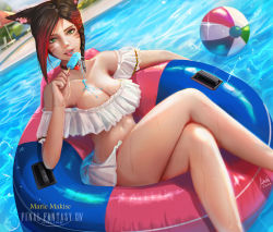 Rule 34 | 1girl, animal ears, asymmetrical hair, ball, bare shoulders, beachball, bikini, bikini skirt, black hair, braid, breasts, cat ears, character name, cleavage, commission, copyright name, crossed legs, day, dutch angle, facial mark, fictional persona, final fantasy, final fantasy xiv, food, french braid, green eyes, innertube, large breasts, lips, looking at viewer, marie makise, midriff, miqo&#039;te, multicolored hair, nail polish, nose, off-shoulder bikini, off shoulder, open mouth, outdoors, parted lips, pool, popsicle, red hair, short hair, signature, sitting, slit pupils, solo, sparkle, spill, summer, swim ring, swimsuit, two-tone hair, warrior of light (ff14), water, wet, whisker markings, white bikini, x-kulon