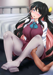 Rule 34 | 10s, 1girl, arm support, bed, black hair, blue bow, blue eyes, blurry, blush, bow, breasts, dark-skinned male, dark skin, depth of field, fang, feet, feet together, front-seamed legwear, gradient eyes, grey pantyhose, hair bow, hand on another&#039;s calf, hand on another&#039;s leg, highres, indoors, kantai collection, kashiwamochi (kashiwakashiwa), large breasts, leg grab, long hair, looking at viewer, multicolored eyes, multicolored hair, naganami (kancolle), no shoes, on floor, open mouth, panties, pantyhose, pantyshot, pink hair, seamed legwear, sitting, smile, solo focus, thighs, two-tone hair, underwear, very long hair, vest, wavy hair, yellow bow, yellow eyes