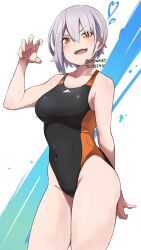 Rule 34 | 1girl, black one-piece swimsuit, breasts, commentary request, competition swimsuit, covered navel, cowboy shot, curled fingers, dated, grey hair, highres, large breasts, nishisaki fuyuka, one-piece swimsuit, orange eyes, original, short hair, showhey!!, solo, swimsuit, twitter username, two-tone swimsuit