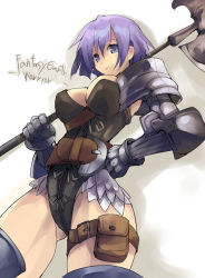 Rule 34 | 1girl, armor, axe, couter, fantasy earth, hair between eyes, hand on own hip, pouch, shibano kaito, solo, thigh pouch, thigh strap, warrior, warrior (fantasy earth), weapon
