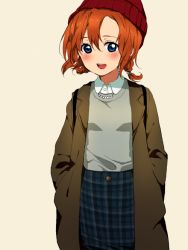 Rule 34 | 1girl, :d, alternate hairstyle, beanie, beige background, blue skirt, blush, braid, brown coat, casual, coat, collared shirt, grey shirt, hair between eyes, hair tie, hands in pockets, hat, jewelry, kosaka honoka, long sleeves, looking at viewer, love live!, love live! school idol project, necklace, open mouth, orange hair, plaid, plaid skirt, red hat, shiki hinako, shirt, simple background, skirt, smile, solo, teeth, twin braids, upper teeth only