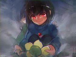 Rule 34 | androgynous, artist name, bad id, bad tumblr id, brown hair, chara (undertale), chromatic aberration, dark persona, evil smile, flower, flowey (undertale), frisk (undertale), gender request, hand grab, hand on another&#039;s shoulder, heart, heart necklace, jewelry, knife, necklace, red eyes, sakpi, smile, spoilers, squatting, striped clothes, striped sweater, sweater, transparent, undertale, yellow flower