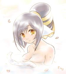 Rule 34 | 1girl, animal ears, aquaplus, bare arms, bare shoulders, bath, black hair, blush, breasts, breasts out, cat tail, cleavage, closed mouth, collarbone, eyelashes, female focus, from side, fur, hair between eyes, hair ornament, hair up, kuon (utawarerumono), large breasts, long hair, looking at viewer, nude, petals, petals on liquid, raised eyebrows, sidelocks, smile, solo, sweat, sweatdrop, swept bangs, tail, upper body, utawarerumono, utawarerumono: itsuwari no kamen, very long hair, water, white tail, woutarosansan, yellow eyes