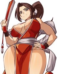 Rule 34 | 1girl, :&gt;, breasts, brown eyes, brown hair, cleavage, curvy, eyelashes, fatal fury, folded fan, folding fan, hand fan, hand on own hip, highres, holding, holding fan, large breasts, legs together, long hair, moxydraws, pelvic curtain, revealing clothes, shiny skin, shiranui mai, smile, solo, thighs, white background, wide hips