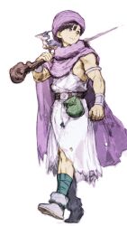 Rule 34 | 1boy, bandaged leg, bandages, belt, belt pouch, black hair, clenched hand, cloak, commentary request, dragon quest, dragon quest v, hero (dq5), highres, holding, holding staff, iwamoto tatsurou, looking to the side, male focus, muscular, muscular male, pouch, purple cloak, solo, staff, turban, walking