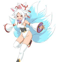 Rule 34 | 1girl, animal ears, breasts, character request, copyright request, detached sleeves, fang, highres, kitsune, large breasts, mitsugu, multiple tails, one leg raised, open mouth, pointy ears, red eyes, sketch, smile, spiked hair, tail, thighhighs, white background, white hair, white thighhighs