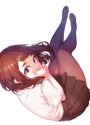Rule 34 | 10s, 1girl, bad id, bad twitter id, blush, boku no hero academia, brown eyes, brown hair, covering own mouth, eyebrows, full body, highres, looking at viewer, own hands together, pantyhose, pleated skirt, ryota (ry o ta), school uniform, shoes, short hair, short sleeves, simple background, skirt, solo, uraraka ochako, white background