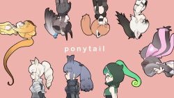 Rule 34 | 6+girls, aardwolf (kemono friends), animal ears, armor, arms at sides, bare shoulders, bear ears, bergman&#039;s bear (kemono friends), black hair, black rhinoceros (kemono friends), black wildebeest (kemono friends), blonde hair, bow, breastplate, brown hair, circlet, closed mouth, detached hood, drill hair, drill ponytail, elbow gloves, english text, extra ears, floating hair, forehead protector, from side, fur collar, gloves, golden snub-nosed monkey (kemono friends), green hair, grey hair, hair bow, high ponytail, highres, hood, hood up, horns, kemono friends, kuromitsu (9633 kmfr), lesser panda (kemono friends), light smile, long hair, long sleeves, monkey ears, multicolored hair, multiple girls, orange hair, panther chameleon (kemono friends), parted lips, red hair, red panda ears, rhinoceros ears, rotational symmetry, shirt, short sleeves, shoulder armor, sidelocks, simple background, sleeveless, sleeveless shirt, upper body, upside-down, very long hair, white rhinoceros (kemono friends)