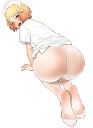 Rule 34 | 1girl, :d, all fours, ass, back, blush, feet, hair ornament, hairclip, hat, highres, hyouuma, looking at viewer, no shoes, nurse, nurse cap, open mouth, original, panties, panties under pantyhose, pantyhose, pink panties, short hair, simple background, smile, solo, teeth, thong, tongue, underwear, white background, white pantyhose, yellow eyes