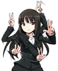 Rule 34 | 10s, 1girl, black jacket, black pants, blunt bangs, brown eyes, brown hair, closed mouth, commentary request, dress shirt, fighting stance, formal, girls und panzer, jacket, kakizaki (chou neji), light frown, long hair, long sleeves, looking at viewer, motion lines, nishizumi shiho, pant suit, pants, shirt, simple background, solo, standing, suit, upper body, white background, white shirt