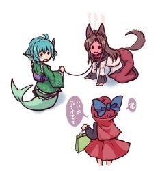 Rule 34 | . ., 3girls, :&gt;, :o, all fours, animal ears, blue hair, blush, bow, brown hair, capelet, chibi, collar, embarrassed, fins, full-face blush, hair bow, head fins, imaizumi kagerou, japanese clothes, kimono, leash, mermaid, monster girl, multiple girls, red hair, sekibanki, shirt, simple background, skirt, solid circle eyes, tail, terrajin, touhou, wakasagihime, walk-in, werewolf, wolf ears, wolf tail