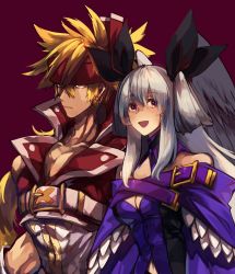 Rule 34 | 1boy, 1girl, alternate color, angel wings, asymmetrical wings, bare shoulders, belt, blonde hair, breasts, cleavage, clothing cutout, detached collar, detached sleeves, dizzy (guilty gear), father and daughter, guilty gear, guilty gear xrd, hair between eyes, highres, large breasts, muscular, muscular male, navel, oeillet vie, open mouth, ponytail, purple background, red eyes, simple background, sol badguy, twintails, white hair, wings, yellow eyes