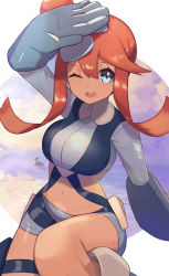 Rule 34 | 1girl, arm up, blue eyes, blue gloves, boots, commentary, creatures (company), cropped jacket, eyelashes, floating hair, game freak, gen 5 pokemon, gloves, gym leader, hair ornament, highres, jacket, looking at viewer, midriff, nintendo, nuneno, one side up, open mouth, orange hair, pokemon, pokemon (creature), pokemon bw, pouch, short hair with long locks, short shorts, shorts, sidelocks, skyla (pokemon), swanna, teeth, thigh pouch, tongue, turtleneck, upper teeth only