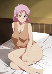 Rule 34 | 1girl, absurdres, bed, breasts, brown eyes, cleavage, closed mouth, dragon quest, dragon quest dai no daibouken, highres, jewelry, large breasts, looking at viewer, maam, necklace, panties, pillow, pink hair, short hair, smile, solo, tonotyama, underwear