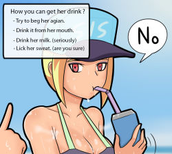 Rule 34 | 1girl, 1other, armpits, bare shoulders, bikini, blonde hair, blue background, breasts, cleavage, collarbone, drink, drinking, drinking straw, drinking straw in mouth, english text, engrish text, food, fruit, hat, lemon, looking at another, options, original, pointing, ranguage, red eyes, saberrung, short hair, sidelocks, speech bubble, sweat, sweatdrop, swimsuit, upper body, wet