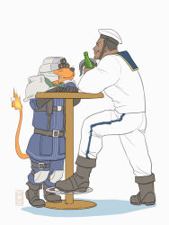 Rule 34 | 2boys, animal, barret wallace, barret wallace (junon naval crew), beard, black footwear, black gloves, black hair, blue pants, blue sailor collar, blue shirt, boots, bottle, closed eyes, covered eyes, dark-skinned male, dark skin, earrings, facial hair, final fantasy, final fantasy vii, final fantasy vii rebirth, final fantasy vii remake, flame-tipped tail, full body, gloves, green scarf, grin, hat, helmet, helmet over eyes, highres, holding, holding bottle, hook hand, jewelry, knee pads, long sleeves, male focus, multiple boys, official alternate costume, orange fur, pants, red xiii, sailor collar, sailor hat, samba s0, scarf, shinra infantry uniform, shirt, short hair, single earring, smile, standing, table, teeth, very short hair, white background, white hat, white pants, white shirt