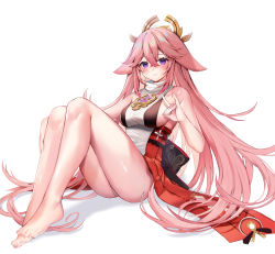 Rule 34 | 1girl, animal ears, bare arms, bare legs, bare shoulders, barefoot, blush, breasts, closed mouth, commentary request, dress, feet, fox shadow puppet, full body, genshin impact, hair between eyes, hair ornament, hand on own leg, highres, knees up, large breasts, legs, long hair, looking at viewer, pink hair, purple eyes, sideboob, simple background, sitting, smile, solo, very long hair, white background, white dress, yae miko, yuniiho