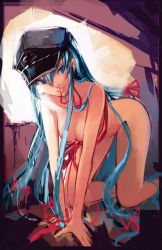 Rule 34 | 10s, 1girl, akame ga kill!, all fours, aqua hair, blue eyes, breasts, cleavage, esdeath, hanging breasts, hat, highres, large breasts, long hair, mouth hold, naked ribbon, naughty face, peaked cap, ribbon, softmode, solo, very long hair