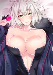 Rule 34 | 1girl, :p, bare shoulders, bed, breasts, condom, fate/grand order, fate (series), highres, jeanne d&#039;arc (fate), jeanne d&#039;arc alter (fate), jeanne d&#039;arc alter (ver. shinjuku 1999) (fate), large breasts, looking at viewer, lying, navel, official alternate costume, on back, sankakusui, short hair, smile, solo, tongue, tongue out, white hair, yellow eyes