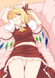 Rule 34 | 1girl, ;o, ahoge, arms up, ascot, blonde hair, bow, breasts, collared shirt, commentary request, couch, cowboy shot, crystal, drooling, flandre scarlet, hair between eyes, hair bow, highres, looking to the side, lying, midriff, moja (moja4192), navel, no headwear, on back, on couch, one eye closed, one side up, open mouth, orange background, panties, petticoat, puffy short sleeves, puffy sleeves, red bow, red eyes, red skirt, red vest, shirt, short hair, short sleeves, skirt, skirt set, small breasts, solo, squeans, thighs, tired, touhou, underwear, upskirt, vest, white panties, white shirt, wings, yellow ascot