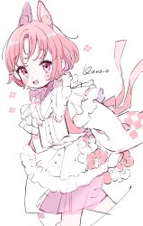 Rule 34 | 1girl, animal ears, artist name, blush, dress, frills, highres, jikuno, looking at viewer, open mouth, original, pink hair, red eyes, short hair, simple background, sketch, solo, white background, white dress